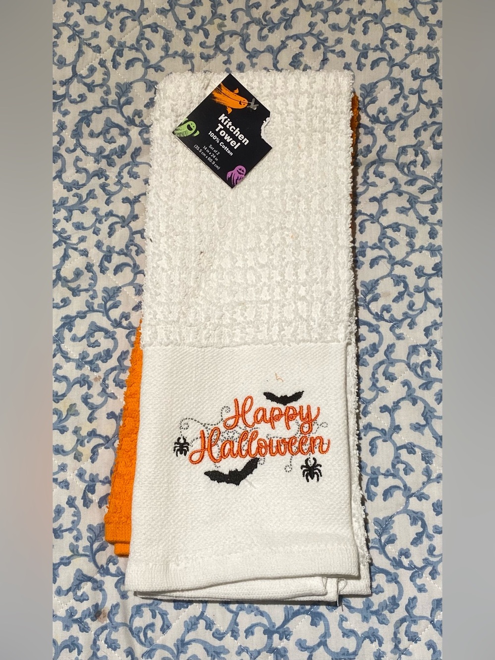 Halloween Kitchen Towels Set of 2 Happy Halloween Embroidered 100% Cotton